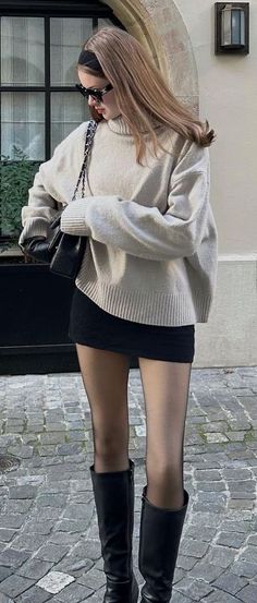 Cosy Dinner Outfit, Outfit With Black Boots Ankle, Old Money Outfits With Boots, Skater Skirt Fall Outfit, Off Shoulder Sweater Dress Outfit, Fall Outfit Skirt Boots, Sweater Dress And Knee High Boots, Preppy Paris Outfits, Jumpers And Skirts Outfit