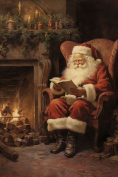 a painting of santa claus sitting in a chair reading a book next to a fireplace