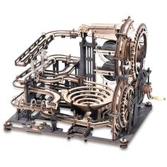 an intricate wooden model of a mechanical device