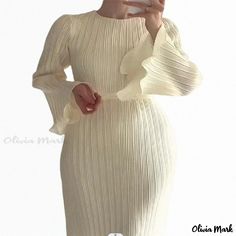 Olivia Mark - Elegant Long-Sleeve Dress for Leisurely Evenings Socialite Style, Solid Maxi Dress, Grey Long Sleeve Dress, Flare Sleeve Dress, Loose Maxi Dress, Pleated Maxi Dress, Striped Maxi Dresses, Ruffled Maxi Dress, Midi Dress With Sleeves