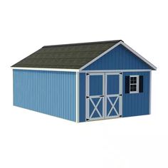 a blue and white shed with the door open on an isolated white background for display