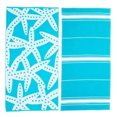 two towels with blue and white designs on them