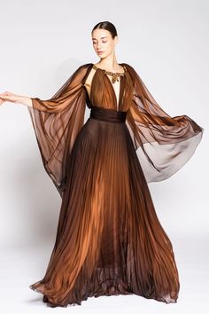 Her Trove - Beaded neckline fully pleated dress Couture, Haute Couture, Fully Beaded Dress, Fae Dress Aesthetic, Dorne Inspired Dresses, Orange Brown Dress, Autumn Court Aesthetic Dress, Brown Medieval Dress, Brown Dress Design