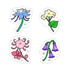 four different flowers stickers on a white background