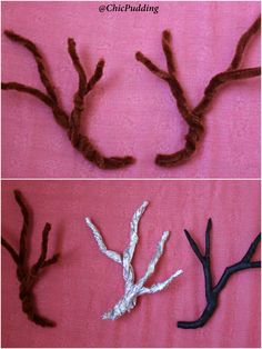 three different types of branches made out of yarn and paper machs on a pink background