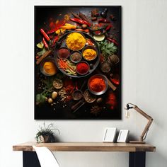 a table topped with bowls filled with different types of food next to a wall mounted painting