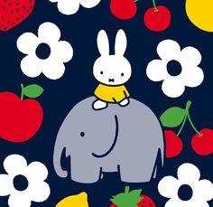 an elephant and some fruit on a blue background with white daisies, cherries, apples, and flowers