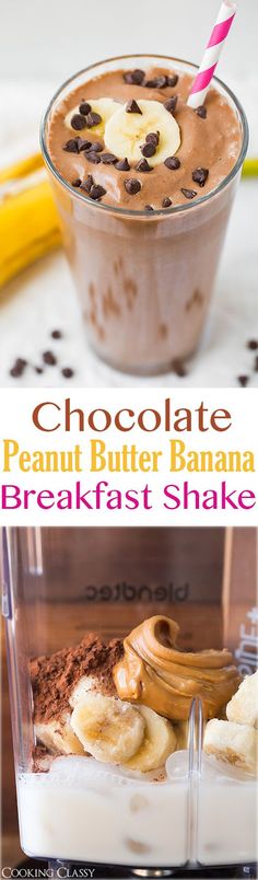 chocolate peanut butter banana breakfast shake in a plastic container