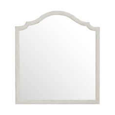 a white framed mirror with an arched design on the top and bottom edge, against a white background