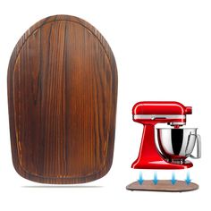 an image of a wooden stand with a red mixer on it and a wood cutting board