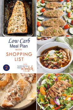 low carb meal plan for shopping list with pictures of fish, salad and vegetables