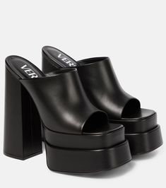 Leather Platform Sandals in Black - Versace | Mytheresa Versace Women, Dr Shoes, Beautiful Sandals, Womens Sandals Summer, Black Dress Shoes, High Heels Shoes, Super High Heels, Chunky High Heels, Peep Toe Shoes