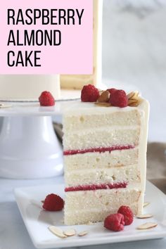 a slice of raspberry almond cake on a plate