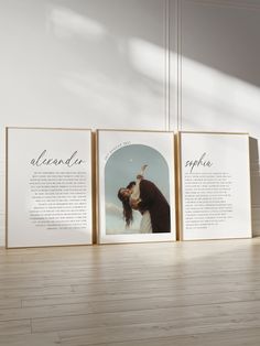 three framed pictures with the names of two people kissing in front of each other on a wooden floor