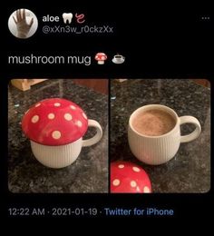 two photos of a mushroom mug with hot chocolate in it and the caption says,'i am 20 01 - 19 for iphone