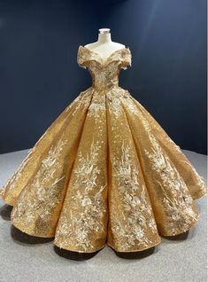 Beauty And The Beast Quince, Gold Ball Gown, Themed Bedrooms, Prom Inspo, Quince Dress, Gold Gown, Prom Dance, Floor Length Gown, Quince Dresses