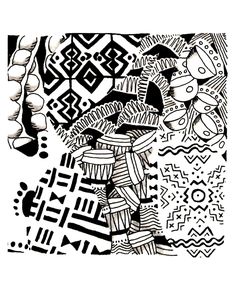 black and white drawing of an abstract design with lines, shapes, and dots in the background