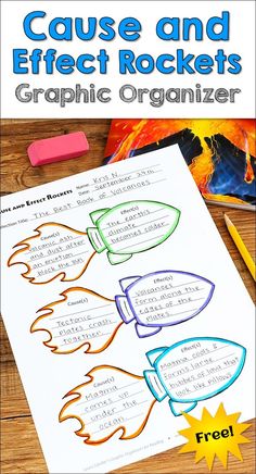 the cause and effect rockets graphic organizer is shown with pencils on top of it