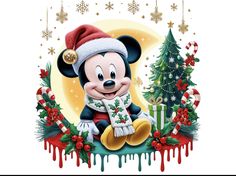 a mickey mouse sitting on top of a christmas tree