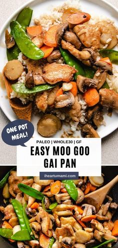 a plate with chicken, carrots and rice on it next to the words easy moo go gai pan