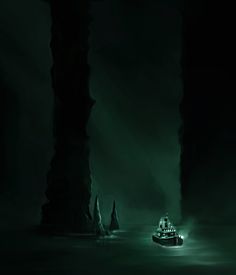 a small boat in the middle of a dark sea with light coming from it's windows