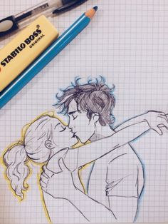 a drawing of a man and woman hugging each other with pencils next to them