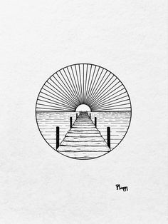 a black and white drawing of a pier with the sun rising over water behind it