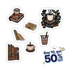 stickers with coffee, books and other items