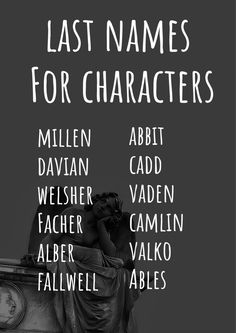 the last names for characters are written in white on a black and white background with an image of a statue