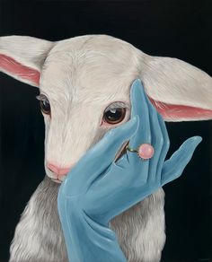 a painting of a white goat holding a blue glove