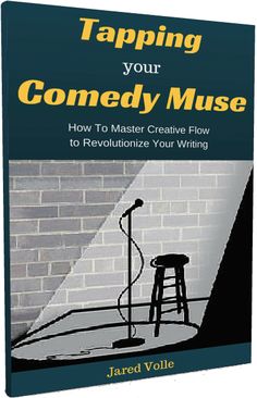 the cover of tapping your comedy museum book, featuring a microphone and stool in front of a brick wall