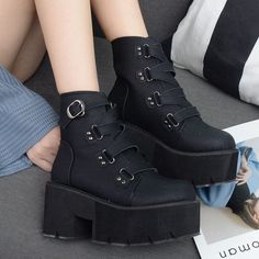 Goth Boots Women, Techwear Boots, Goth Boots, Rock Outfit, Punk Rock Fashion, Poses References, Aesthetic Shoes, Buckle Shoes