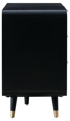 a black cabinet with two gold legs on the top and bottom, against a white background