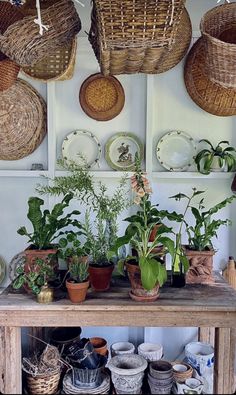 several baskets hanging on the wall above a table with potted plants and other items