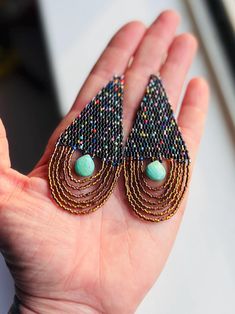 Handwoven with Japanese seedbeads, 24 karat plated on the fringe  Stunning greenish turquoise beads with super high quality facets Earwires are handmade 14 karat gold fill Beaded Fringe Earrings, Beaded Fringe, Fringe Earrings, Turquoise Earrings, Turquoise Beads, Confetti, Starry Night, Jewelry Earrings Dangle, Gold Earrings