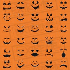 an orange background with black and white pumpkin faces on it, all in different styles