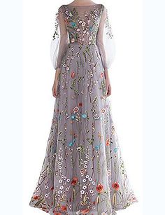 A-Line Floral Wedding Guest Prom Dress Boat Neck 3/4 Length Sleeve Floor Length Tulle with Embroidery 2020 Prom Dresses Floral, فستان زهري, Floral Dress Wedding Guest, Cheap Prom Dresses Online, Valentines Day Dresses, Floral Wedding Dress, Elegant Maxi Dress, Party Kleidung, Beautiful Prom Dresses