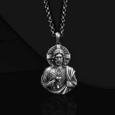 Pendant For Men, Christian Necklace, Sacred Heart Of Jesus, 22 Carat Gold, Heart Of Jesus, Protection Necklace, Medallion Necklace, Mens Pendant, Sacred Heart