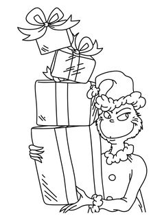 a cartoon character holding a large stack of presents