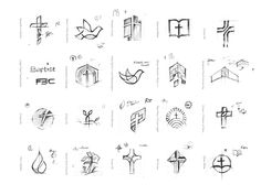 various symbols and designs drawn in pencil on white paper, including the cross, doves, leaves, arrows, etc