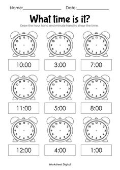 worksheet for telling time to the hour with numbers and an alarm clock on it