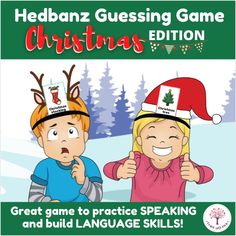 a children's christmas game with two kids wearing santa hats