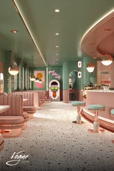 the interior of a restaurant with pastel colors