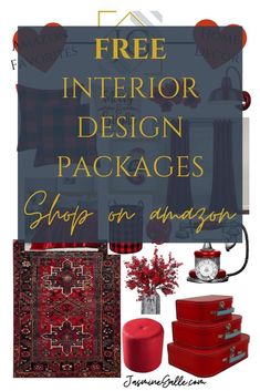 the interior design package includes red and black furniture, rugs, pillows, lamps, vase