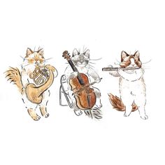 three cats are playing music with their instruments