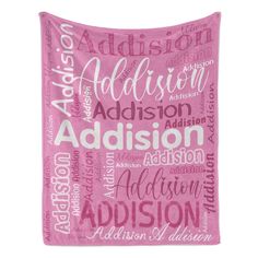 a pink and white wall hanging with the words addision in different languages on it