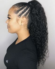 Ponytail With Cornrows On The Side, Ponytail With Braids In Front Black Hair, Conrow Ponytails, Braided Curly Ponytail, Cornrow Ponytail, High Ponytail Hairstyles, Weave Ponytail