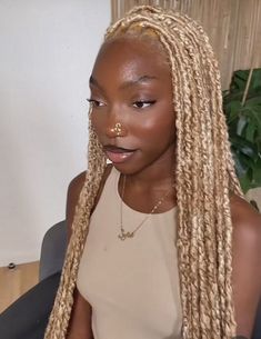 Blonde Locs On Dark Skin, Blonde Locs Black Women Dark Skin, Blonde Hair Braids Black Women, Blond Soft Locs, Blonde Soft Locs Black Women, Blonde Protective Styles Black Women, Colored Box Braids On Dark Skin, Dark Skin Blonde Braids, Blonde Faux Locs Black Women