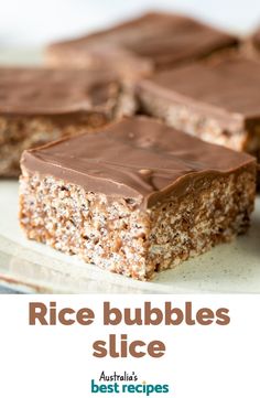 rice bubbles slice with chocolate frosting on top and text overlay that says rice bubbles slice