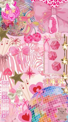 a collage of pink and gold items with hearts, flowers, bows, and other things